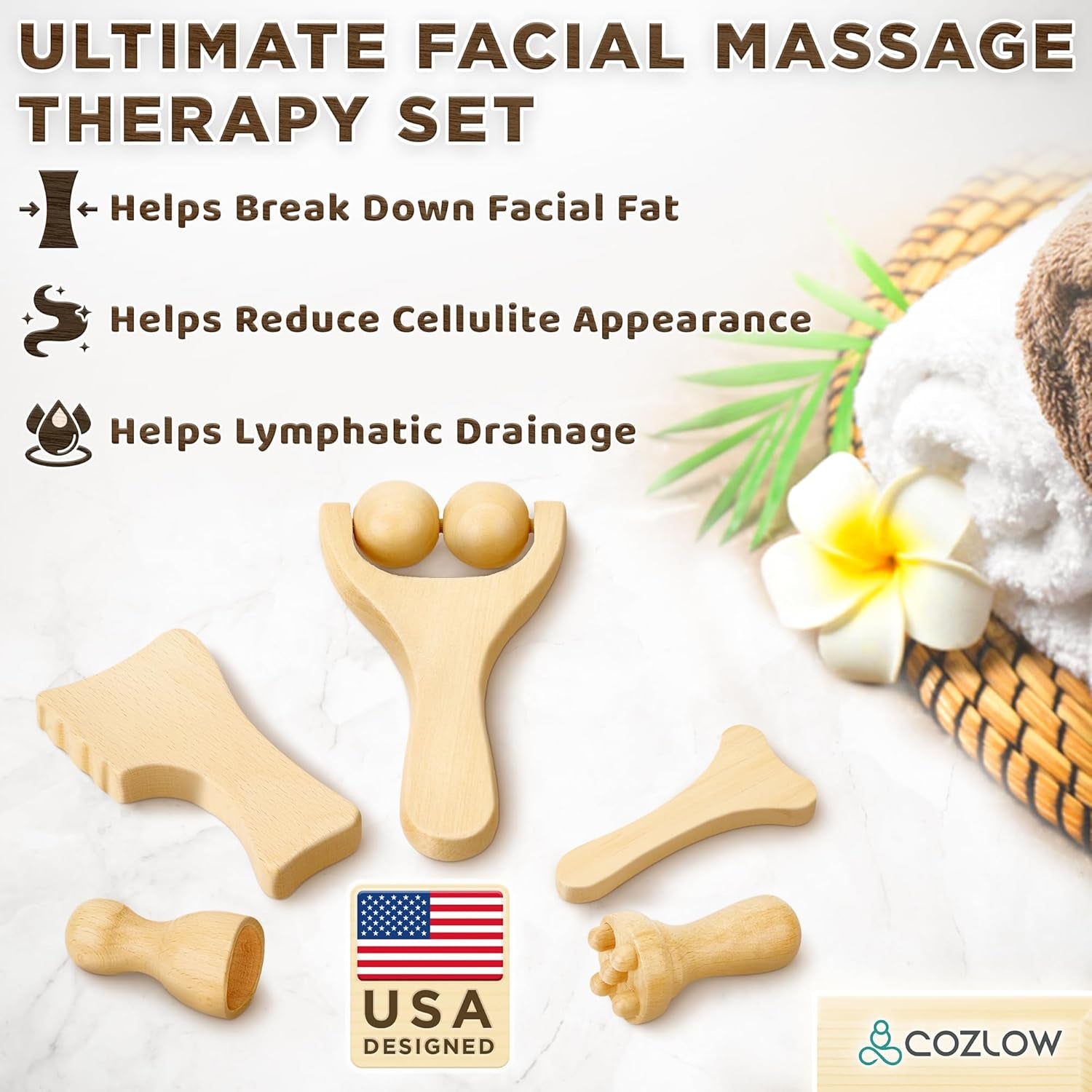 Gua Sha Facial Massage Tools (5 Piece Set), Wooden Face Massage Therapy Kit for Face Lifting, Lymphatic Drainage, Skin Care & Anti-Aging