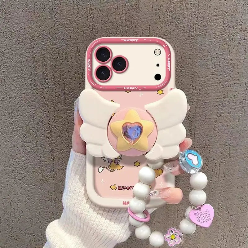 Sakura Higurashi Magical Girl Angel Wing Stand Phonecase for Iphone 17 16 15 14 13 12 11 Pro Max TPU Softshell Protective Cover Shockproof Casing with Adorabledesign