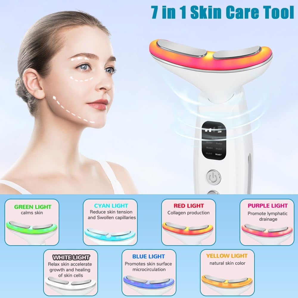 Face Neck Massager, 7 in 1 Portable Neck Facial Beauty Device, Facial Neck Massager with 7 Modes for Skin Routine Care