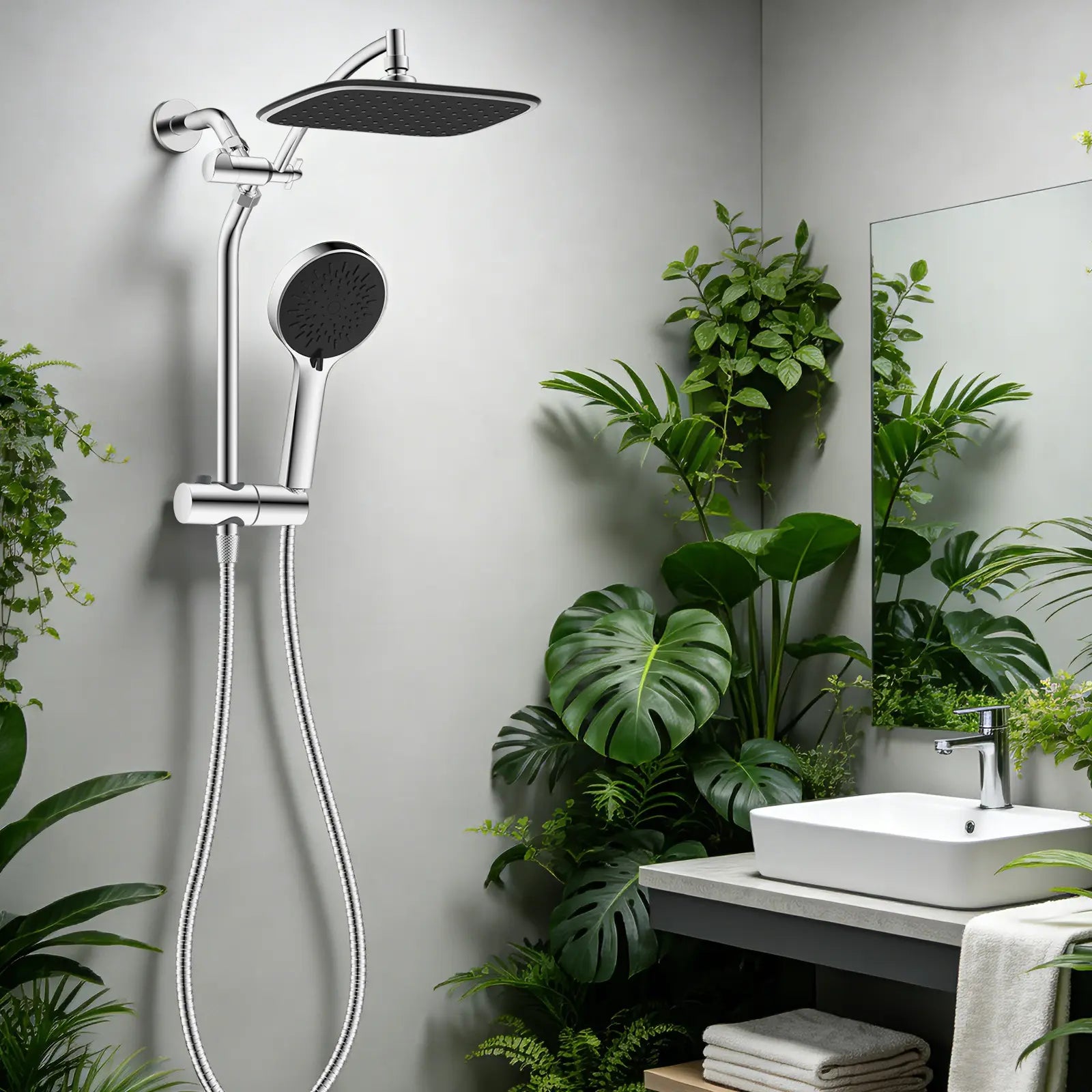 Hibbent Upgraded 10'' Shower Head Combo, High Pressure Rainfall Showerhead with 5 Spray Modes Handheld, All Metal 3-Way Diverter Shower Arm, 59'' Hose and Holder, Height Adjustable Dual Shower Head, Chrome