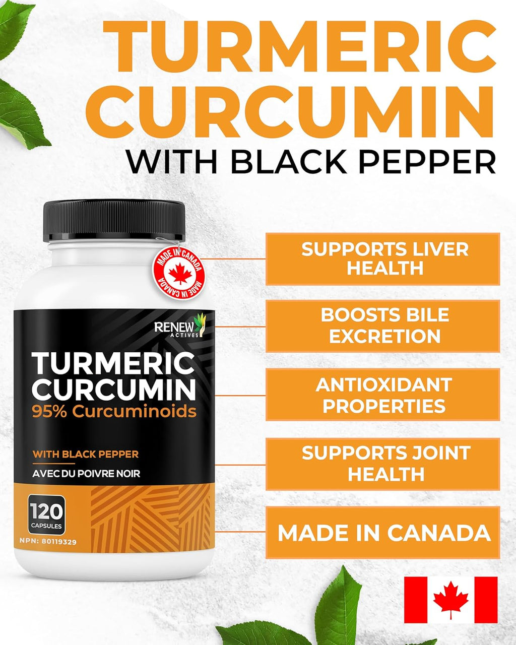 Turmeric Curcumin – Ultra Potent 95% Curcuminoids with Bioperine Black Pepper for Maximum Absorption – Supports Joint Health, Mobility, Digestion & Liver – Made in Canada – 120 Capsules