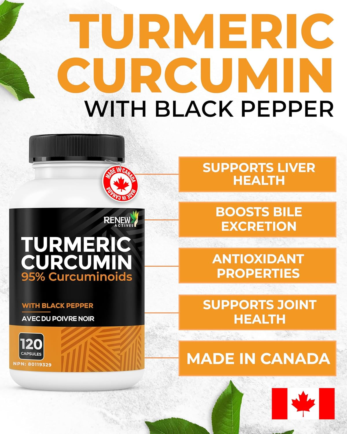 Turmeric Curcumin – Ultra Potent 95% Curcuminoids with Bioperine Black Pepper for Maximum Absorption – Supports Joint Health, Mobility, Digestion & Liver – Made in Canada – 120 Capsules