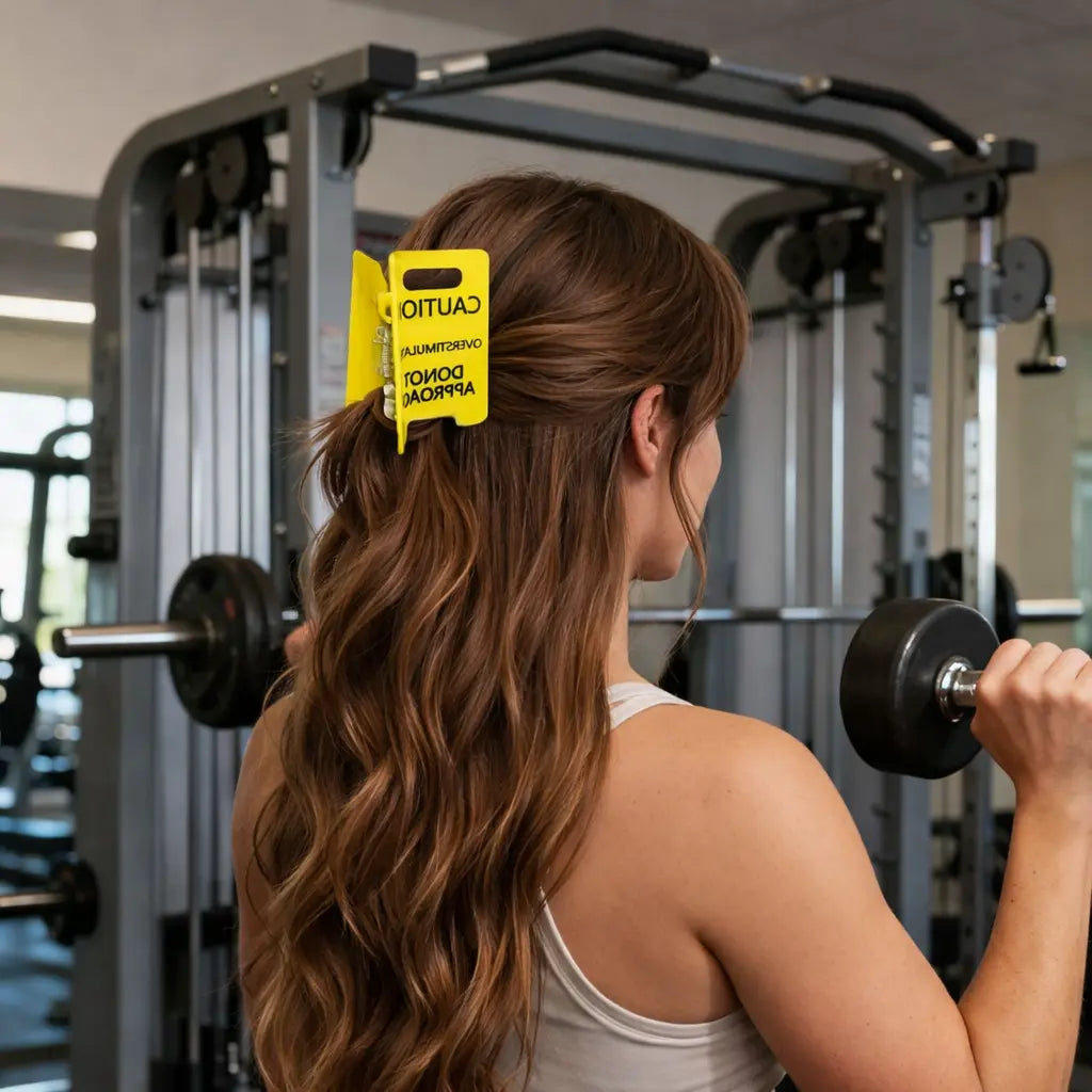 Overstimulated Caution Sign Hair Claw Clip, Setting Boundaries Caution Sign Hair Claw for Women, Funny Mental Health Awareness Gift, Large Hair Clips for All Hair, Yellow Novelty Hair Accessory