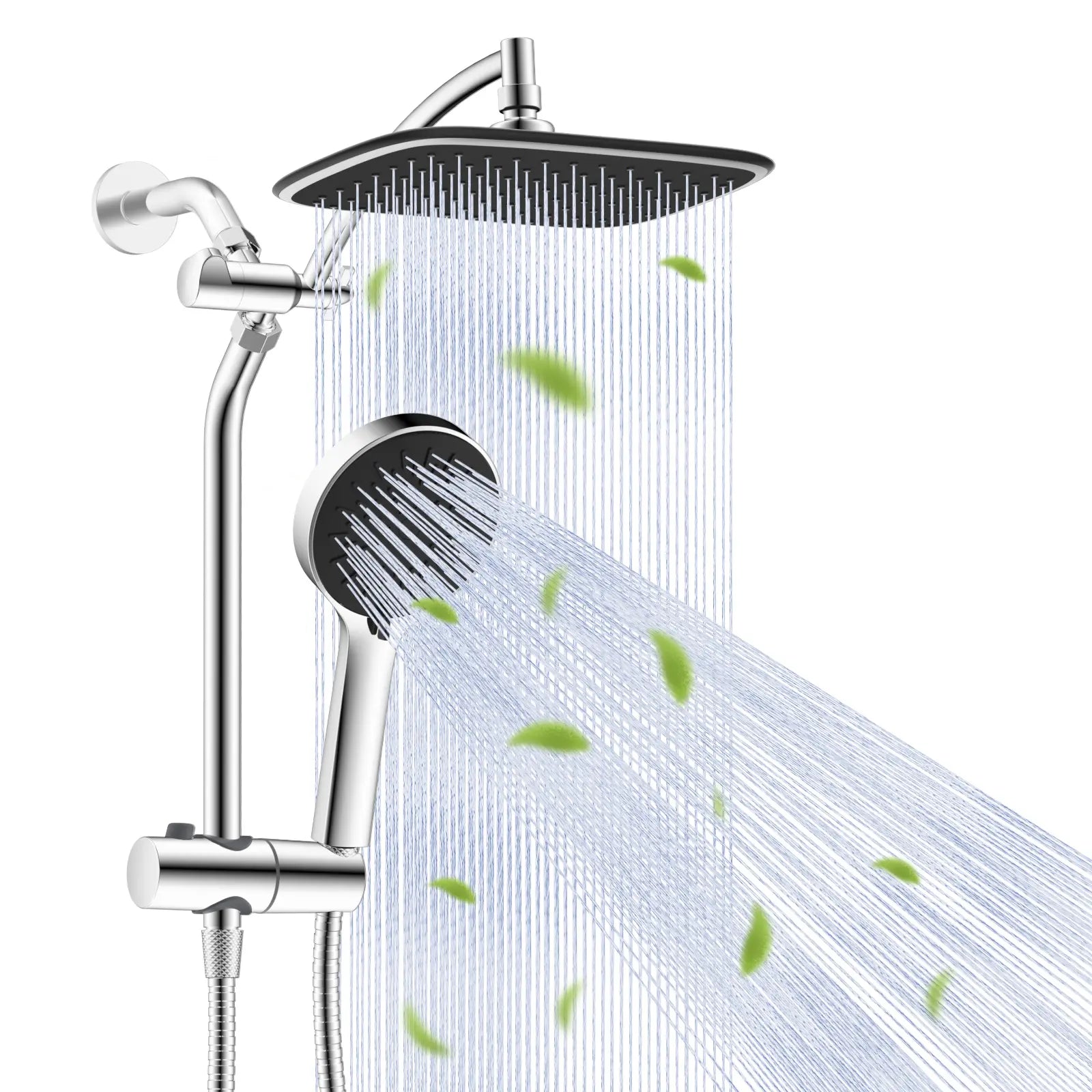 Hibbent Upgraded 10'' Shower Head Combo, High Pressure Rainfall Showerhead with 5 Spray Modes Handheld, All Metal 3-Way Diverter Shower Arm, 59'' Hose and Holder, Height Adjustable Dual Shower Head, Chrome