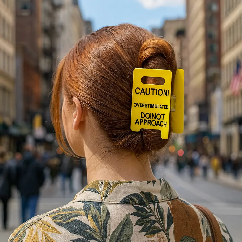 Overstimulated Caution Sign Hair Claw Clip, Setting Boundaries Caution Sign Hair Claw for Women, Funny Mental Health Awareness Gift, Large Hair Clips for All Hair, Yellow Novelty Hair Accessory