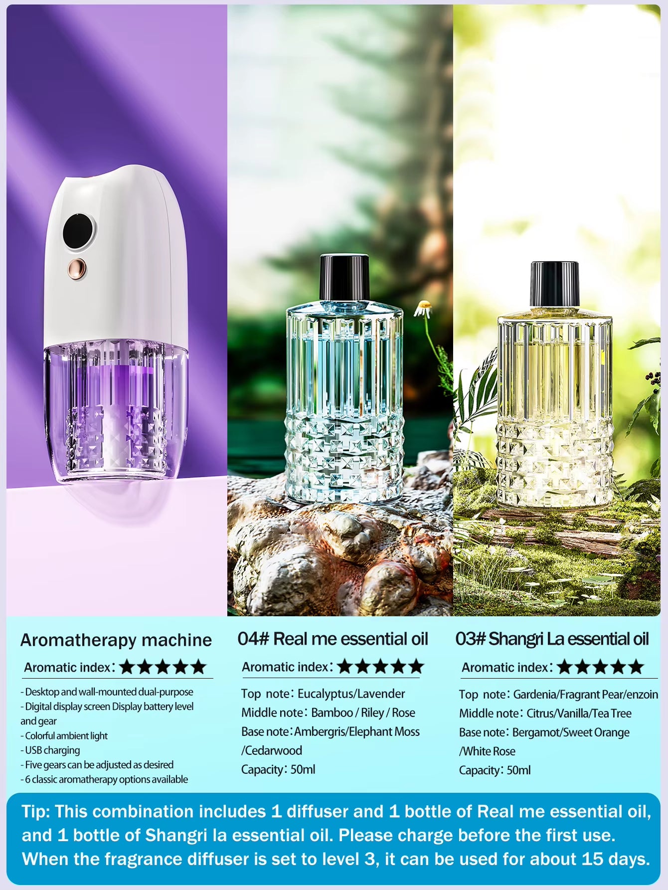 Multi-Functional Rechargeable Portable Aroma Diffuser Essential Oil Diffuser Timer Air Freshener Car Home Living Room Bathroom