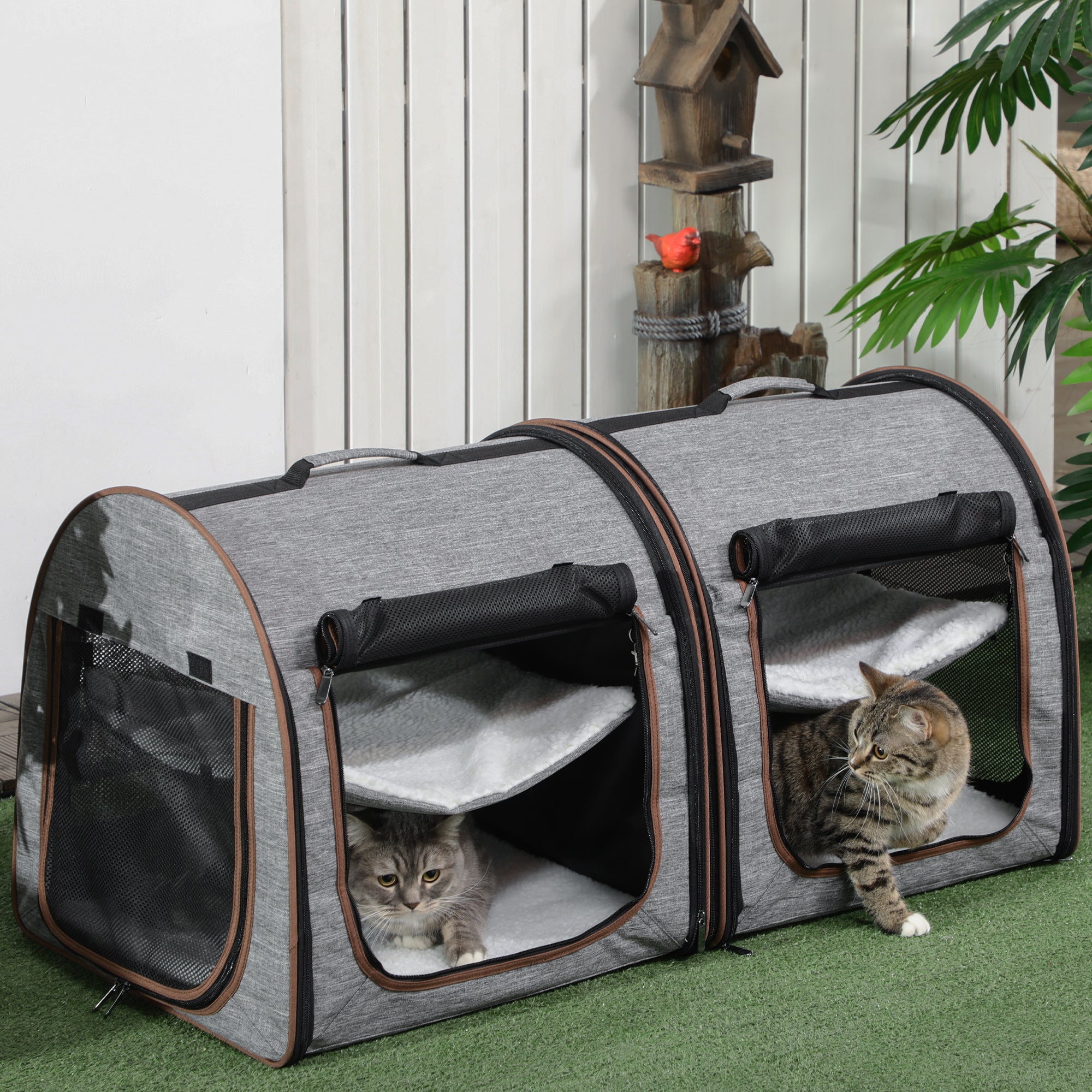 Portable Soft-Sided Pet Cat Carrier with Divider, Two Compartments, Padded and Storage Bag, Grey