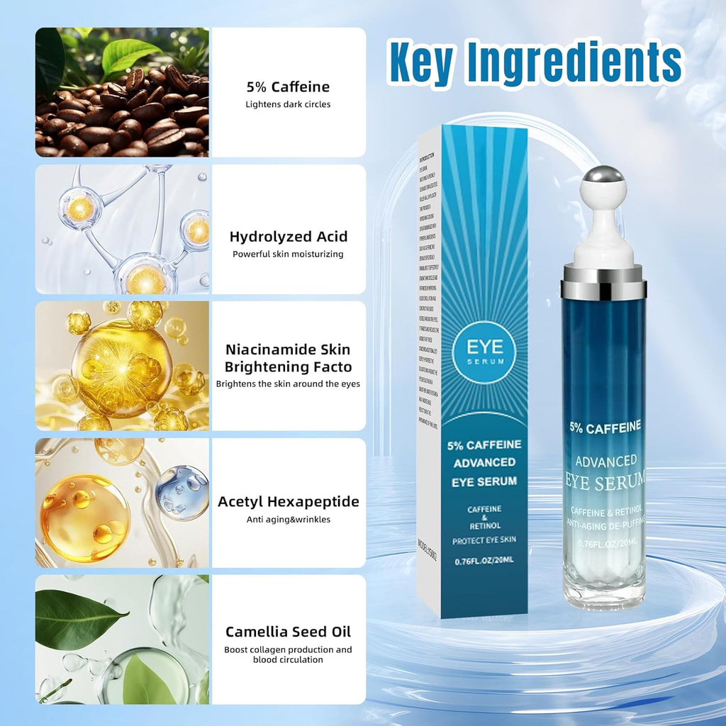 Caffeine under Eye Cream for Dark Circles, Wrinkles & Puffy Eye Bags, Caffeine Eye Serum, 360° Massage Roller(20Ml)