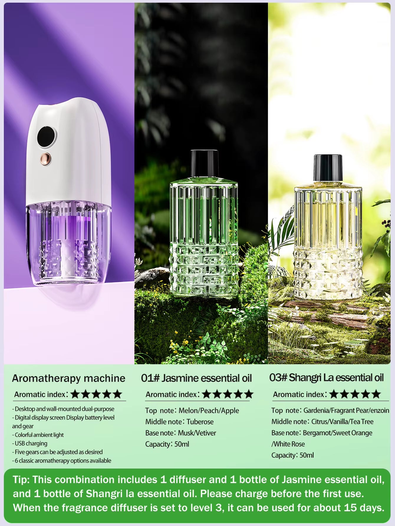 Multi-Functional Rechargeable Portable Aroma Diffuser Essential Oil Diffuser Timer Air Freshener Car Home Living Room Bathroom