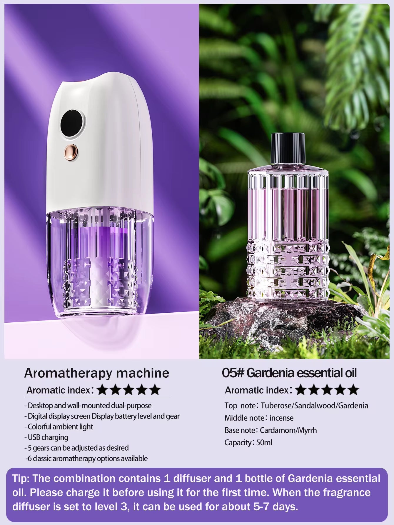 Multi-Functional Rechargeable Portable Aroma Diffuser Essential Oil Diffuser Timer Air Freshener Car Home Living Room Bathroom