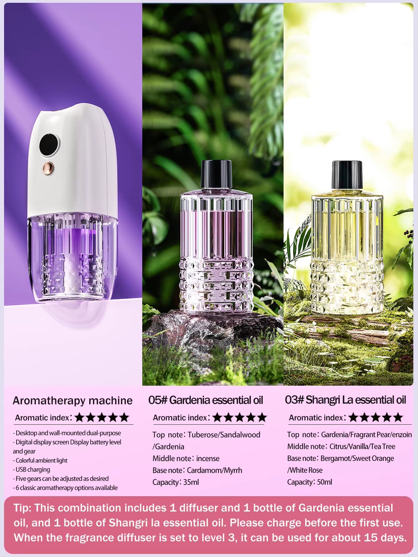 Multi-Functional Rechargeable Portable Aroma Diffuser Essential Oil Diffuser Timer Air Freshener Car Home Living Room Bathroom