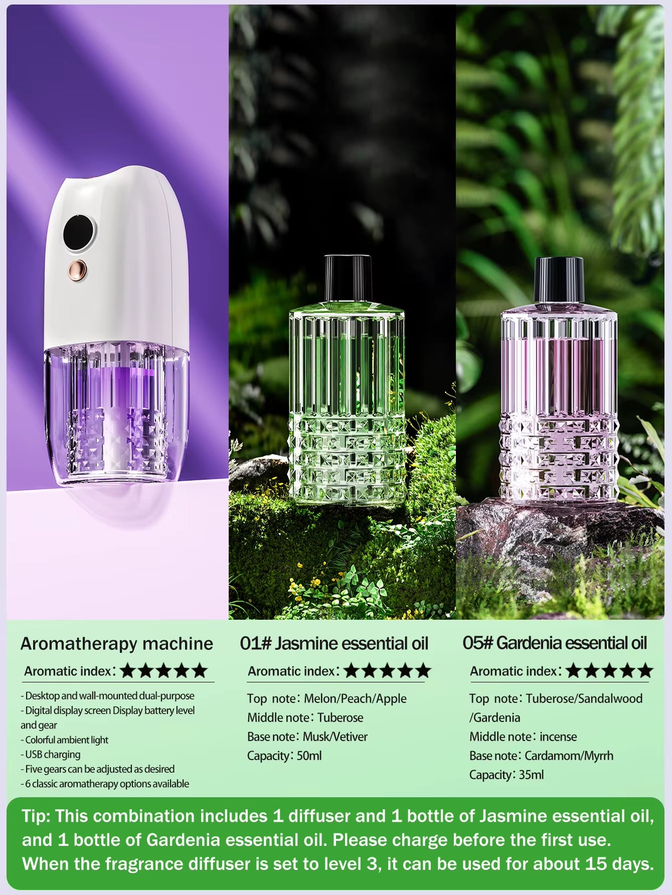 Multi-Functional Rechargeable Portable Aroma Diffuser Essential Oil Diffuser Timer Air Freshener Car Home Living Room Bathroom