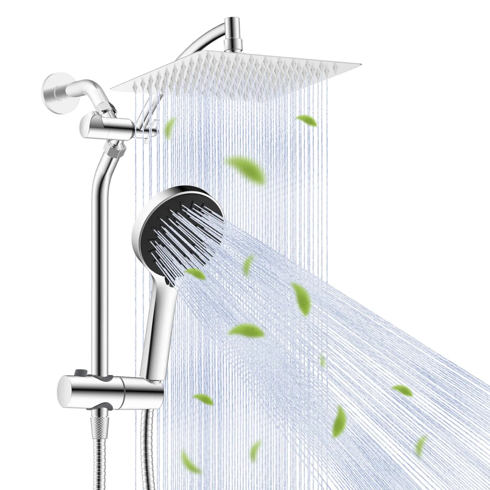 Hibbent Upgraded 10'' Shower Head Combo, High Pressure Rainfall Showerhead with 5 Spray Modes Handheld, All Metal 3-Way Diverter Shower Arm, 59'' Hose and Holder, Height Adjustable Dual Shower Head, Chrome