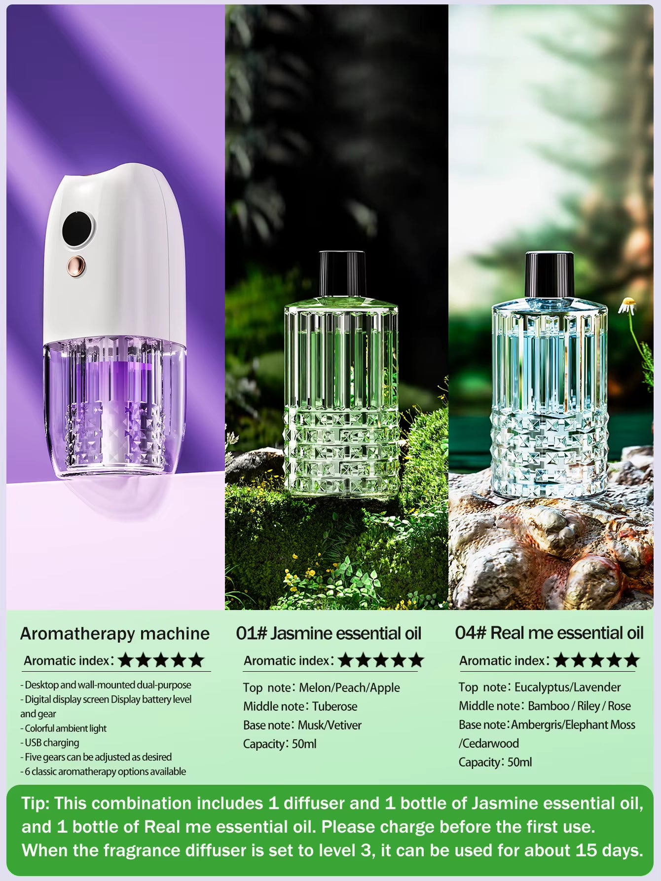 Multi-Functional Rechargeable Portable Aroma Diffuser Essential Oil Diffuser Timer Air Freshener Car Home Living Room Bathroom