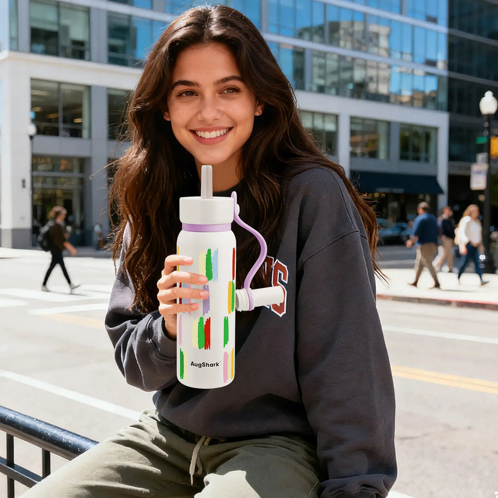 Augshark 24 Oz Insulated Water Bottle, 316 Stainless Steel Liner Tumbler with Handle & Flip Straw, Leak-Proof Vacuum Bottle for Gym, Travel, Sports, School Cup Gift Thermal Bottle