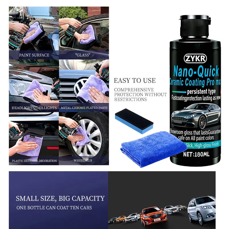 ZYKR Nano-Quick Ceramic Coating Pro MAX for Automobiles, Featuring Advanced Ceramic Technology for Dust-Proof Glass Effect and Lasting Luster. 180 Ml.