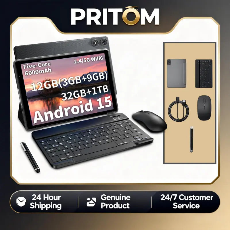 [Spring Glow Up]Pritom 10” New Tablet with Android 15: 5G Wifi, 12GB(3+9) RAM, 32GB+1TB Rom,6000Mah Battery – Perfect for Work and Play, Upgrade Your Tech, Long-Lasting Power, Versatile Device