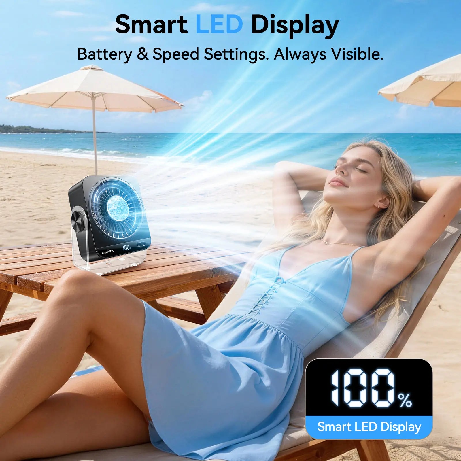 KIMMOO Desk Cooling Fan for Bedroom, 199 Speeds Turbo Airflow,, Digital Display Quiet Table Fan, 270° Rotating Small Rechargeable Battery Desktop Fans for Home Office