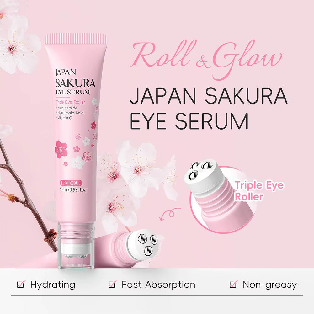 15Ml Sakura Serum Eye Massage Cream Slide Ball Essence Firming Remover Dark Circles Wrinkle Anti-Puffiness Bags under Eye Serum