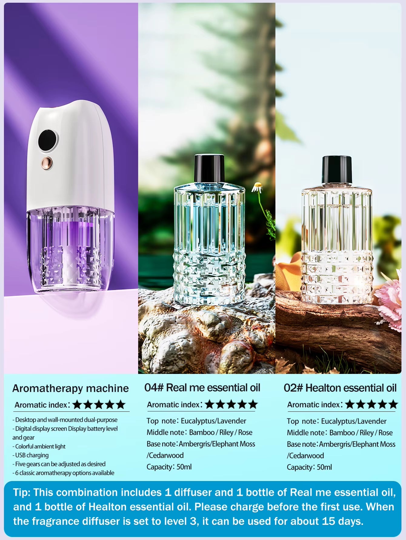 Multi-Functional Rechargeable Portable Aroma Diffuser Essential Oil Diffuser Timer Air Freshener Car Home Living Room Bathroom