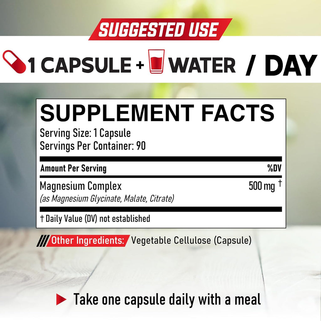 500Mg Magnesium Glycinate Supplement (As Magnesium Glycinate, Malate, & Citrate) - 90 Capsules