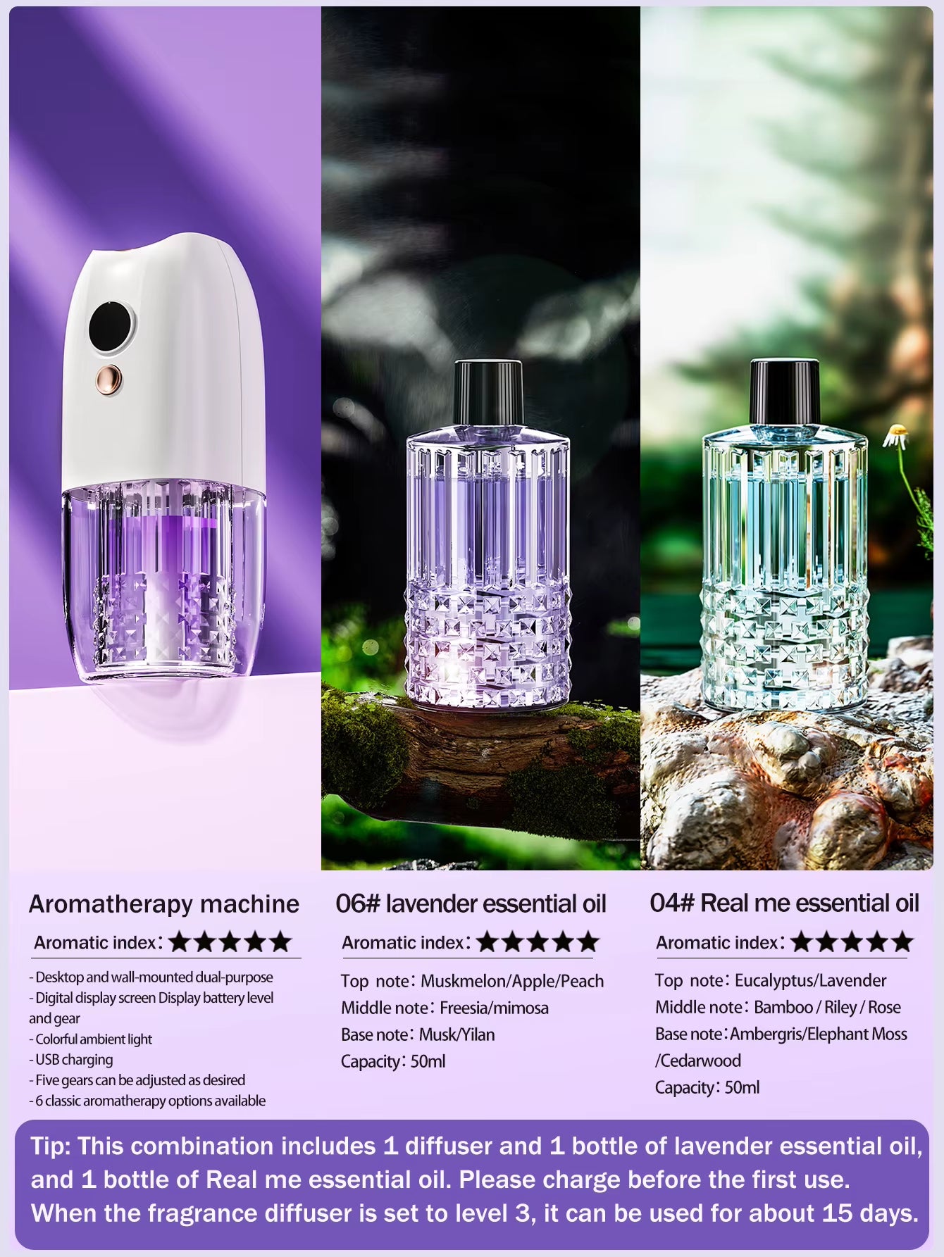 Multi-Functional Rechargeable Portable Aroma Diffuser Essential Oil Diffuser Timer Air Freshener Car Home Living Room Bathroom