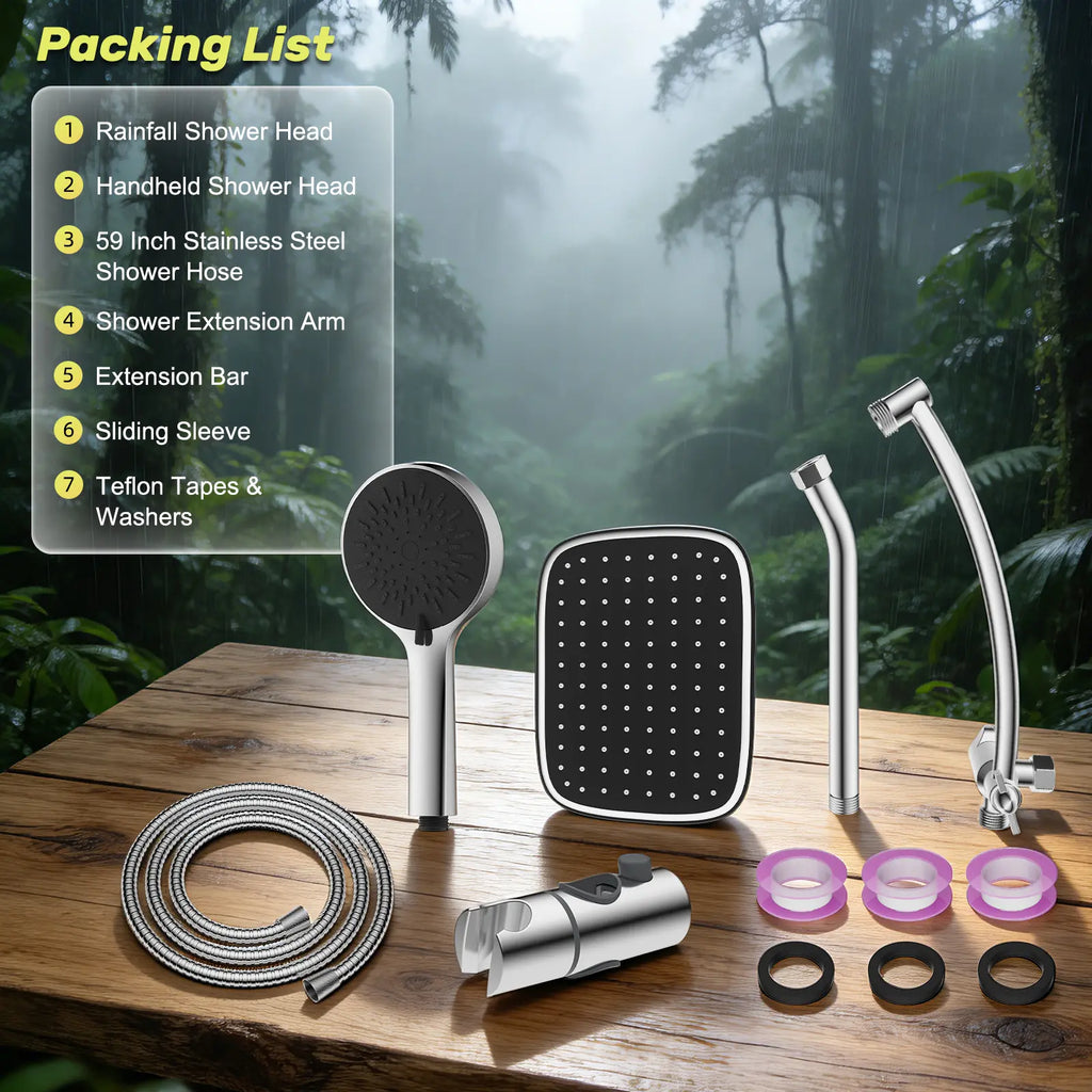 Hibbent Upgraded 10'' Shower Head Combo, High Pressure Rainfall Showerhead with 5 Spray Modes Handheld, All Metal 3-Way Diverter Shower Arm, 59'' Hose and Holder, Height Adjustable Dual Shower Head, Chrome