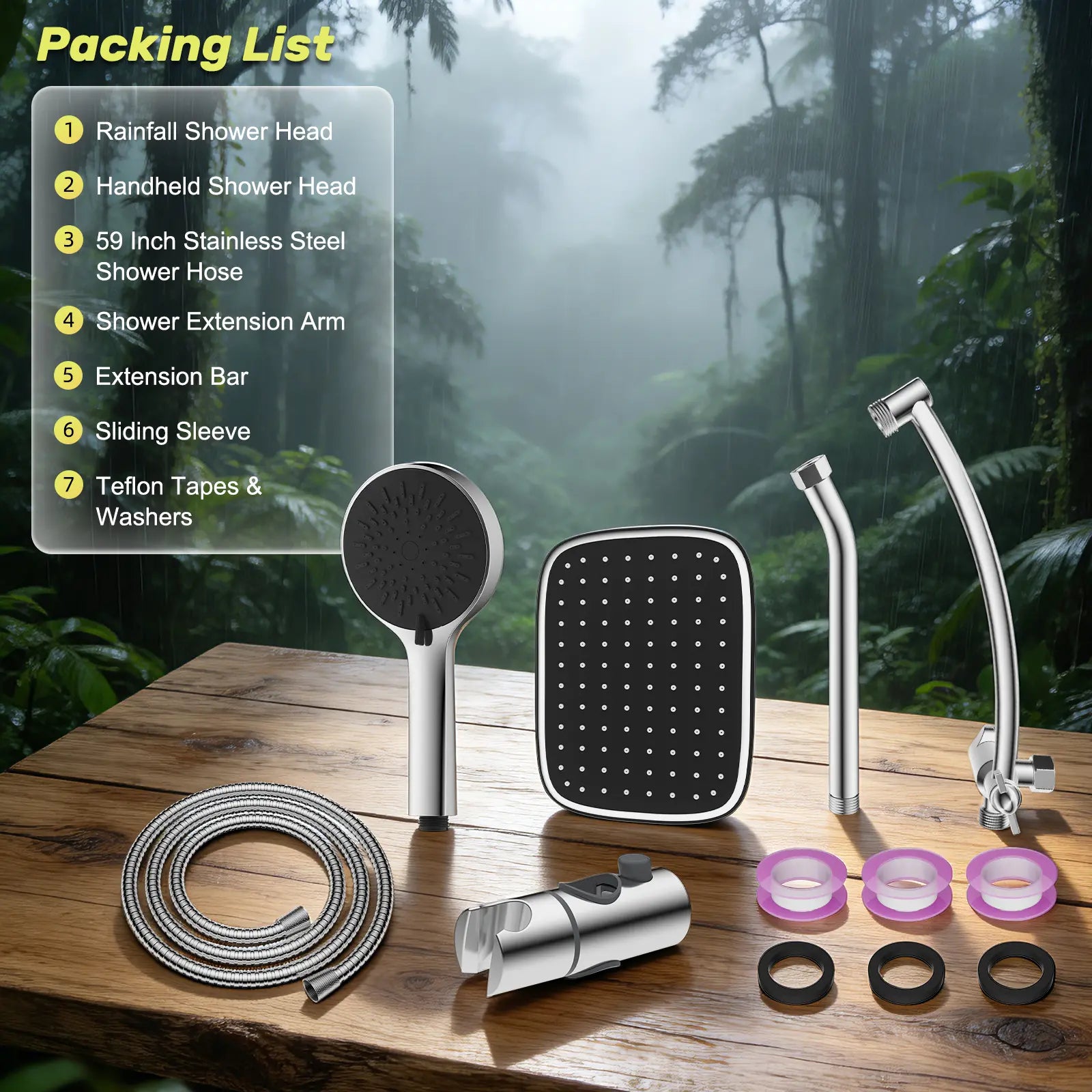 Hibbent Upgraded 10'' Shower Head Combo, High Pressure Rainfall Showerhead with 5 Spray Modes Handheld, All Metal 3-Way Diverter Shower Arm, 59'' Hose and Holder, Height Adjustable Dual Shower Head, Chrome