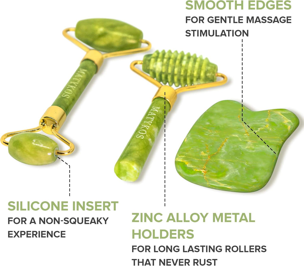 Jade Roller for Face and Gua Sha Set - 2 Anti-Aging Facial Rollers and Gua-Sha Facial Tool - Face and Body Massager for Your Skincare Routine - Massage Tools for Wrinkles and Lifting