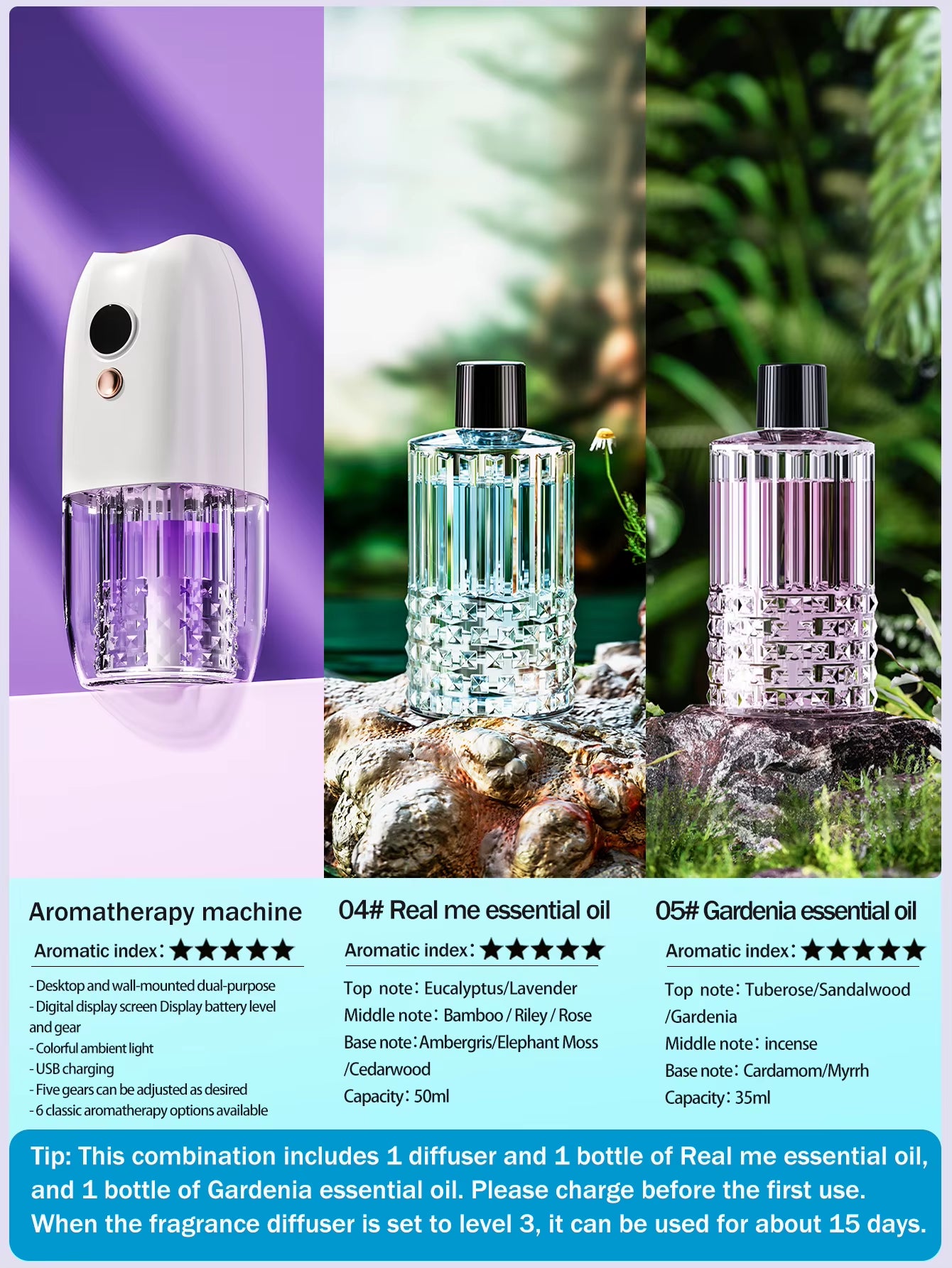 Multi-Functional Rechargeable Portable Aroma Diffuser Essential Oil Diffuser Timer Air Freshener Car Home Living Room Bathroom