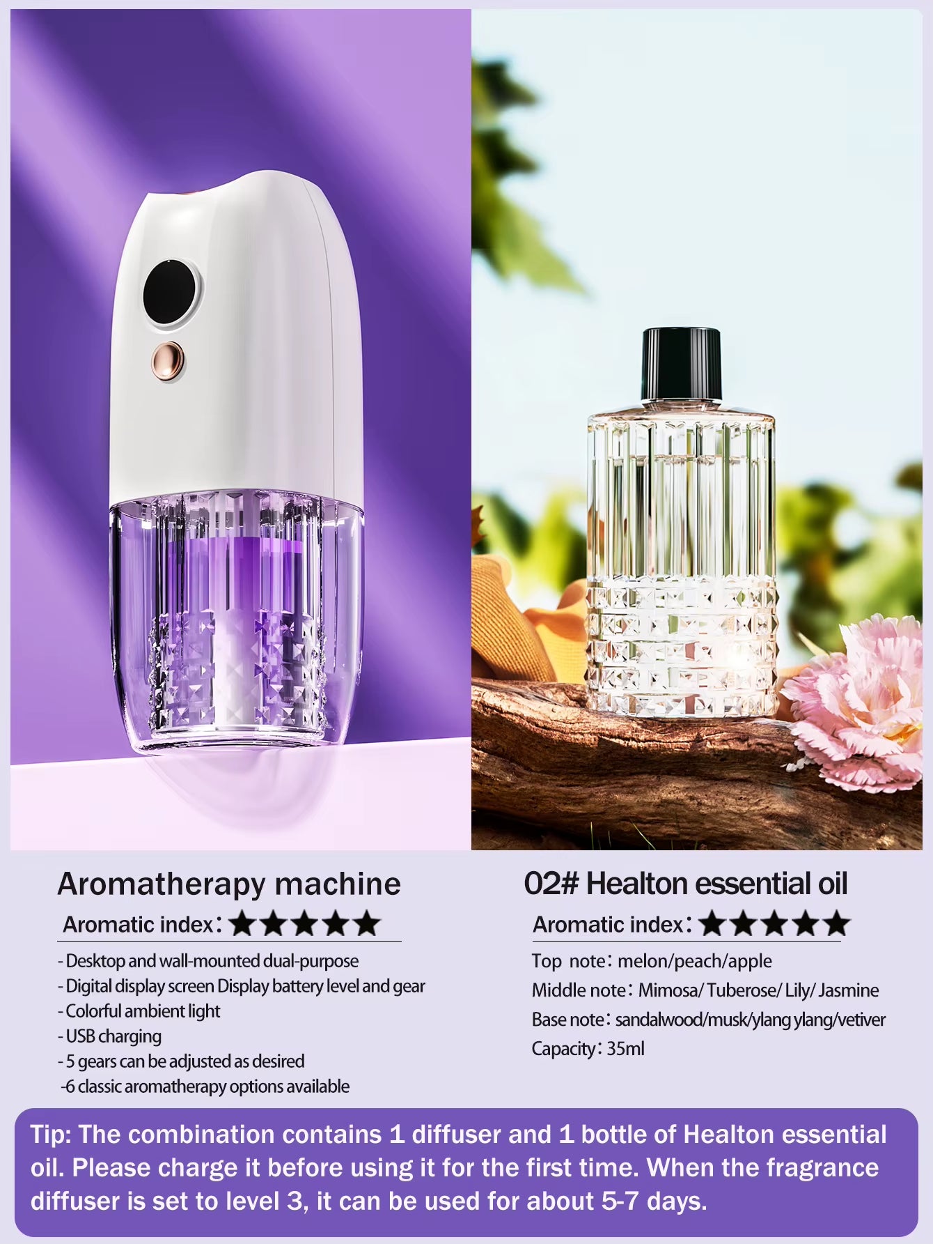 Multi-Functional Rechargeable Portable Aroma Diffuser Essential Oil Diffuser Timer Air Freshener Car Home Living Room Bathroom