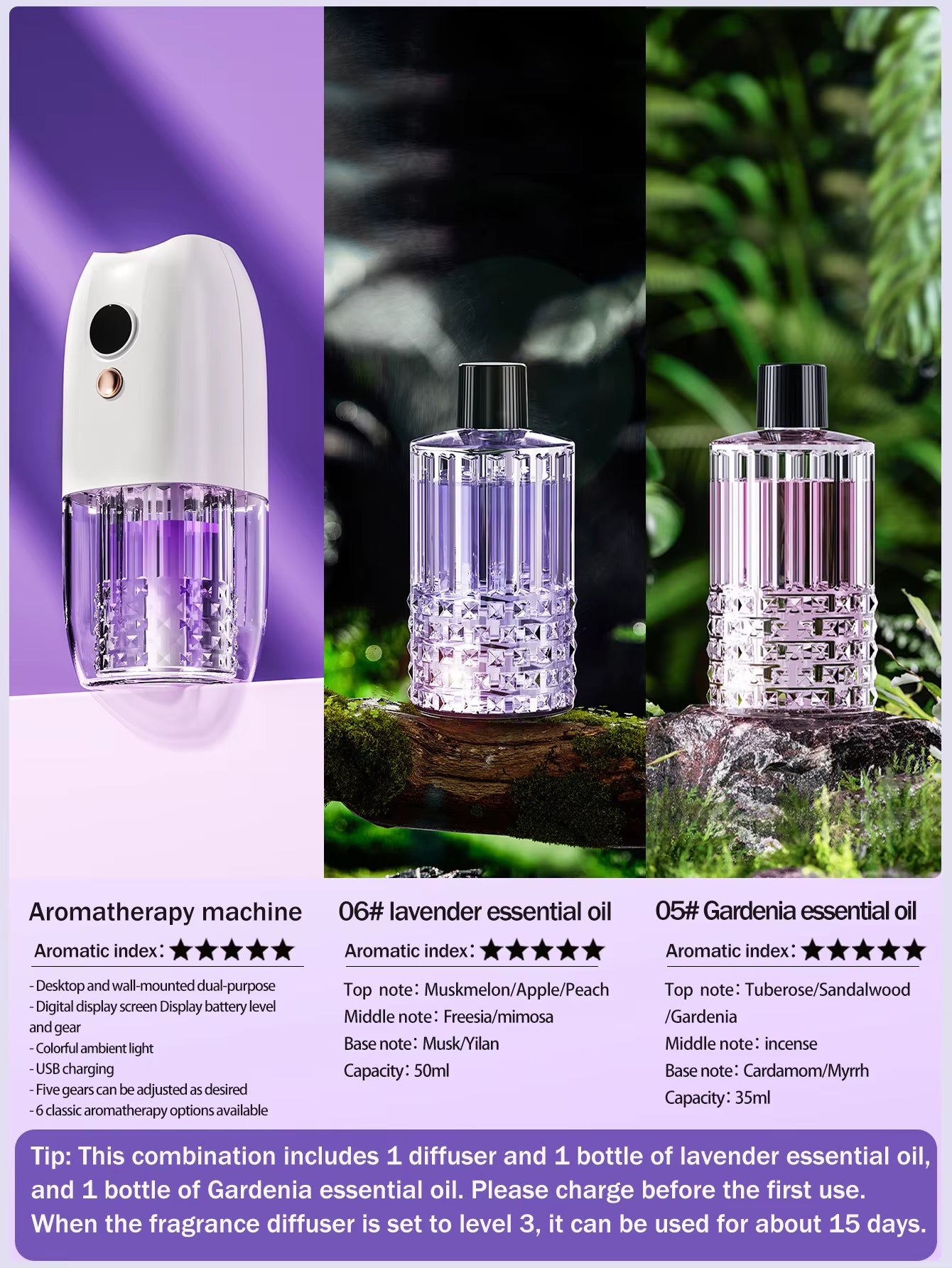 Multi-Functional Rechargeable Portable Aroma Diffuser Essential Oil Diffuser Timer Air Freshener Car Home Living Room Bathroom