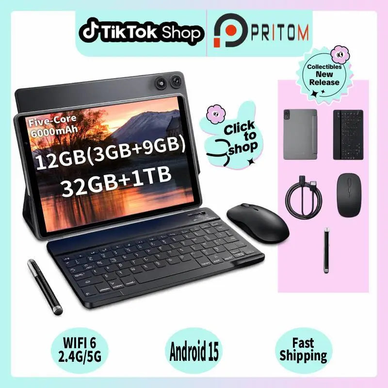 [Spring Glow Up]Pritom 10” New Tablet with Android 15: 5G Wifi, 12GB(3+9) RAM, 32GB+1TB Rom,6000Mah Battery – Perfect for Work and Play, Upgrade Your Tech, Long-Lasting Power, Versatile Device