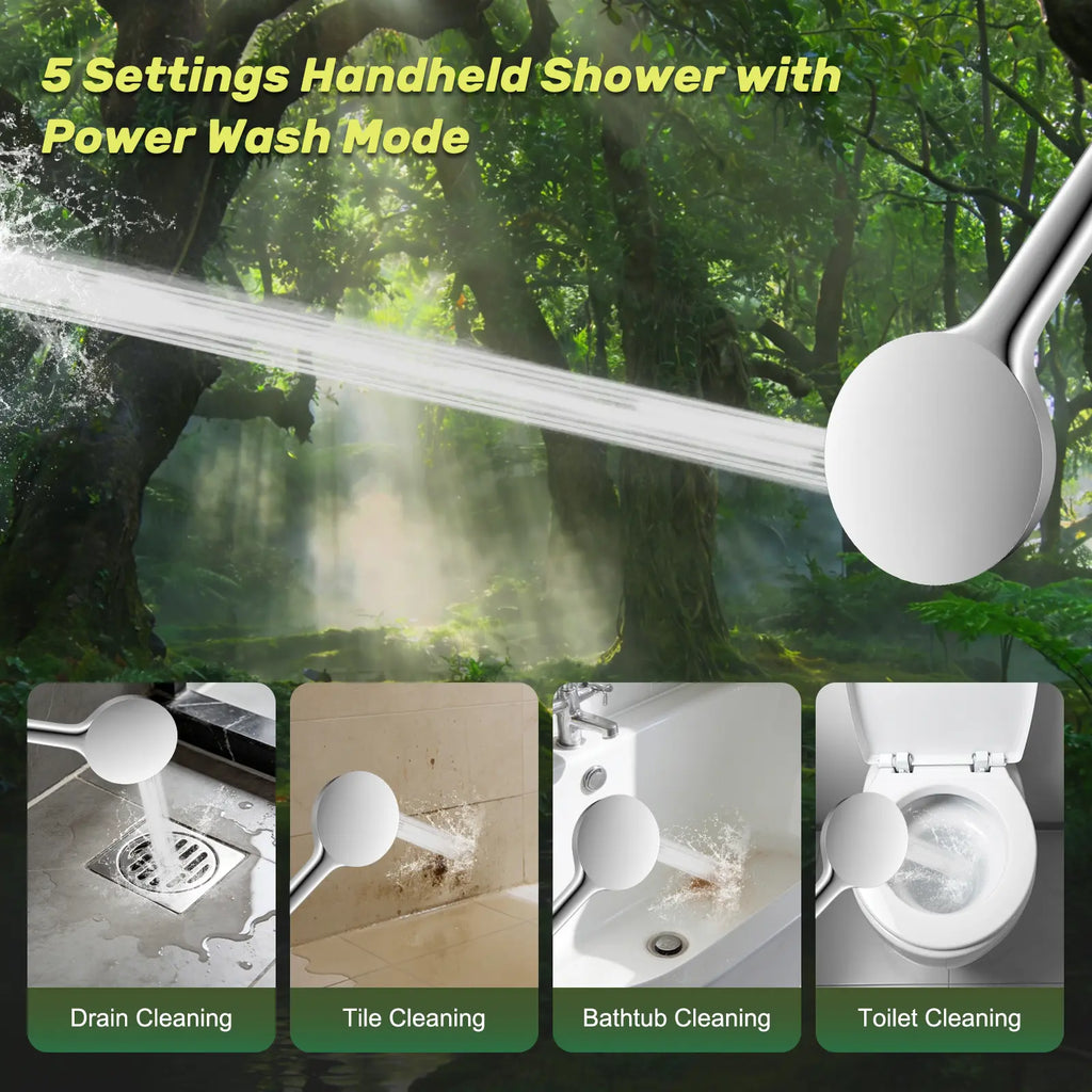 Hibbent Upgraded 10'' Shower Head Combo, High Pressure Rainfall Showerhead with 5 Spray Modes Handheld, All Metal 3-Way Diverter Shower Arm, 59'' Hose and Holder, Height Adjustable Dual Shower Head, Chrome