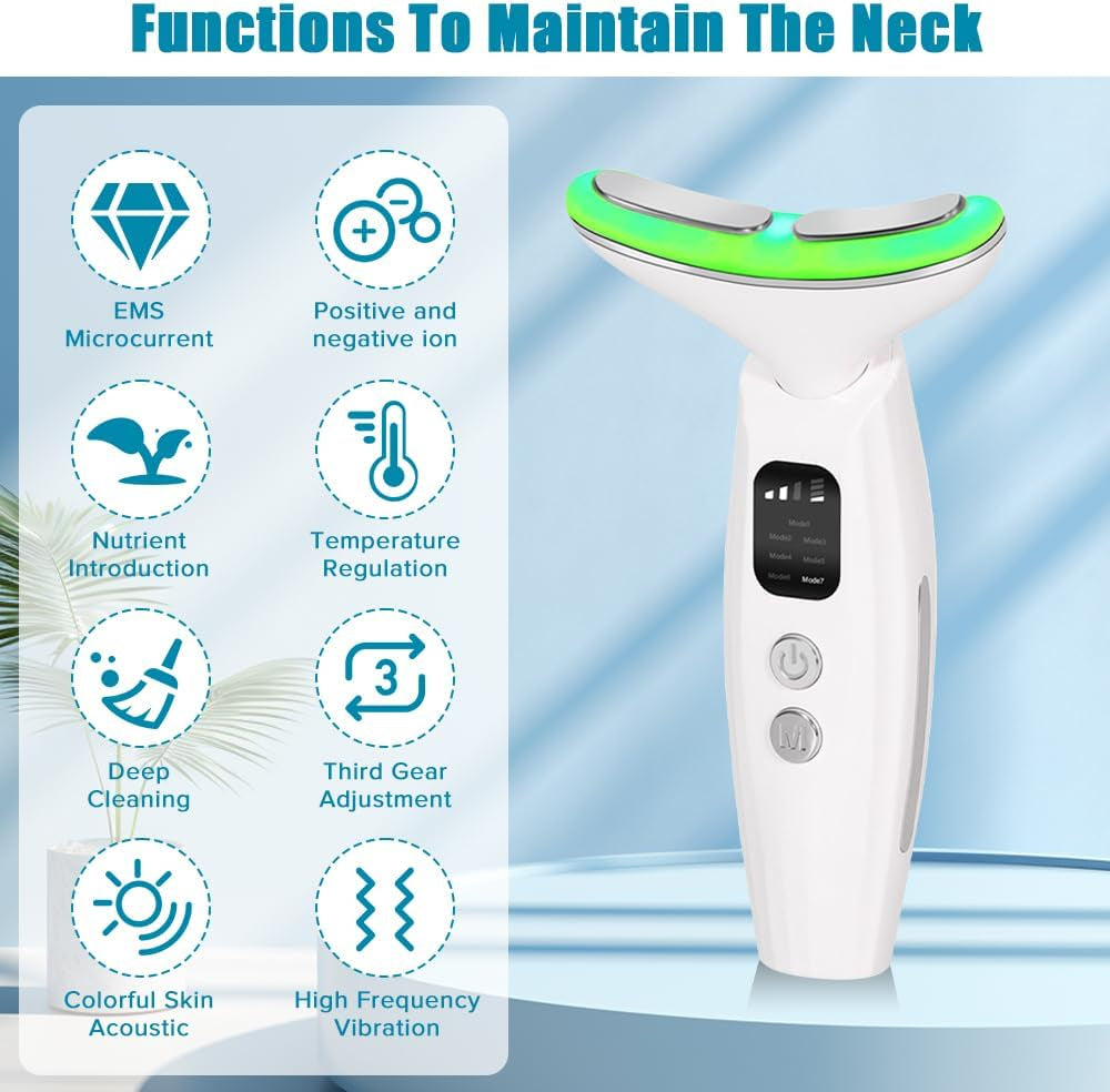 Face Neck Massager, 7 in 1 Portable Neck Facial Beauty Device, Facial Neck Massager with 7 Modes for Skin Routine Care