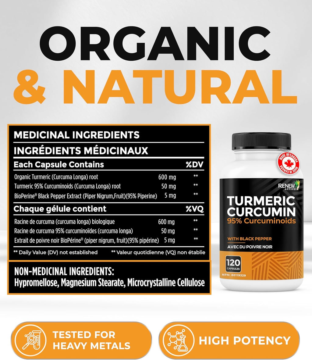 Turmeric Curcumin – Ultra Potent 95% Curcuminoids with Bioperine Black Pepper for Maximum Absorption – Supports Joint Health, Mobility, Digestion & Liver – Made in Canada – 120 Capsules