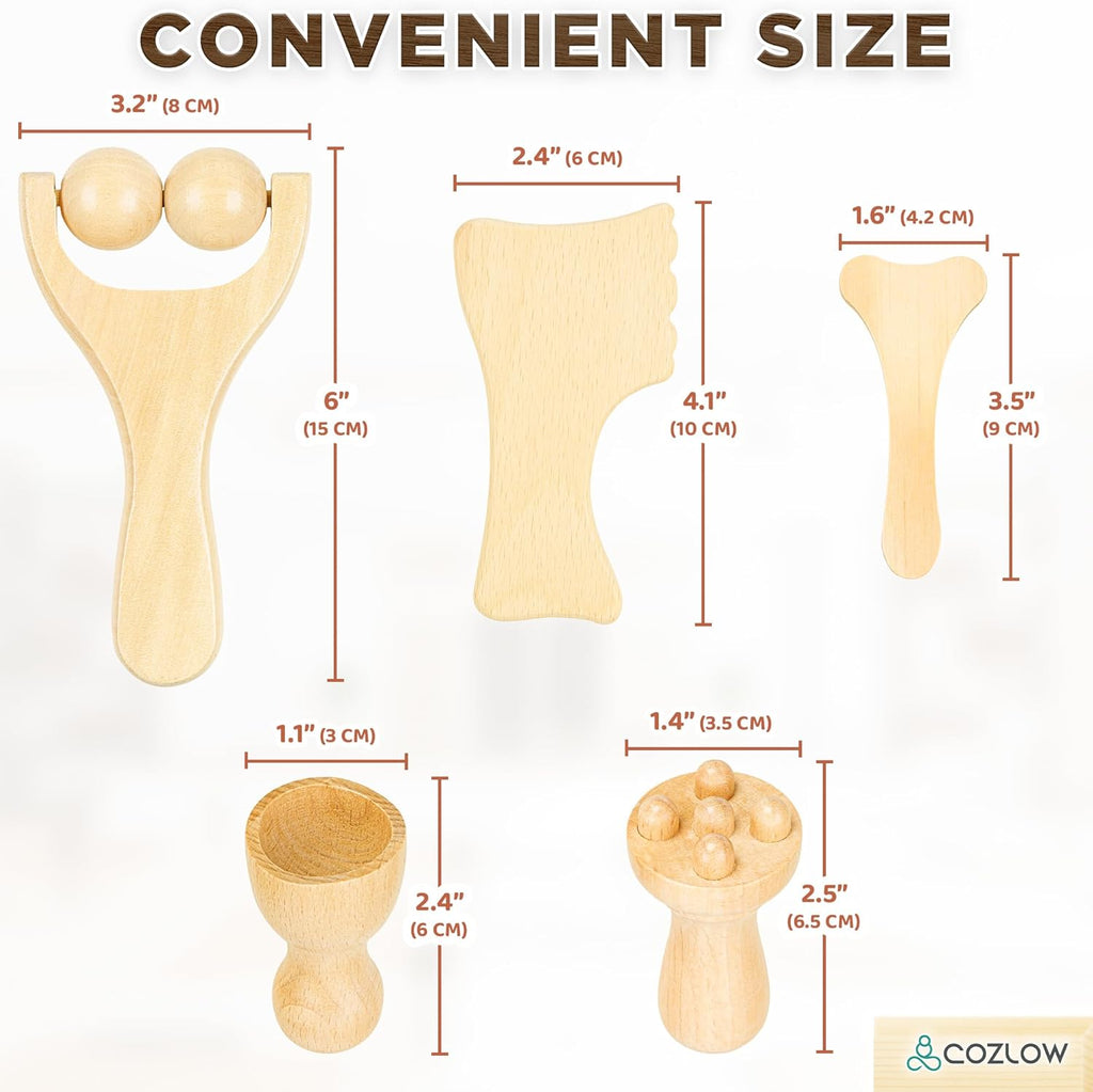 Gua Sha Facial Massage Tools (5 Piece Set), Wooden Face Massage Therapy Kit for Face Lifting, Lymphatic Drainage, Skin Care & Anti-Aging