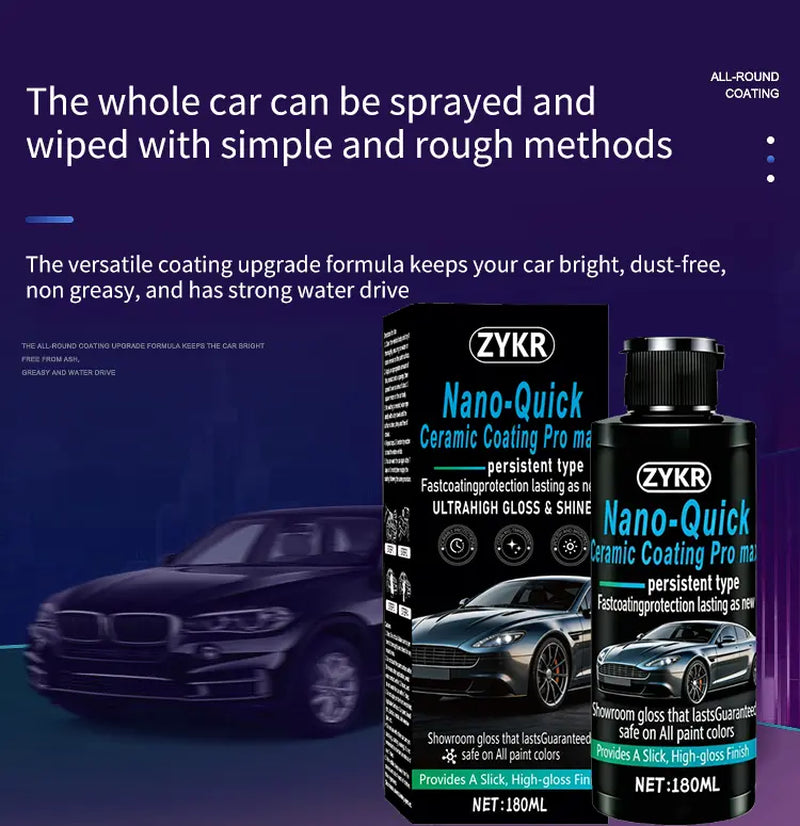 ZYKR Nano-Quick Ceramic Coating Pro MAX for Automobiles, Featuring Advanced Ceramic Technology for Dust-Proof Glass Effect and Lasting Luster. 180 Ml.