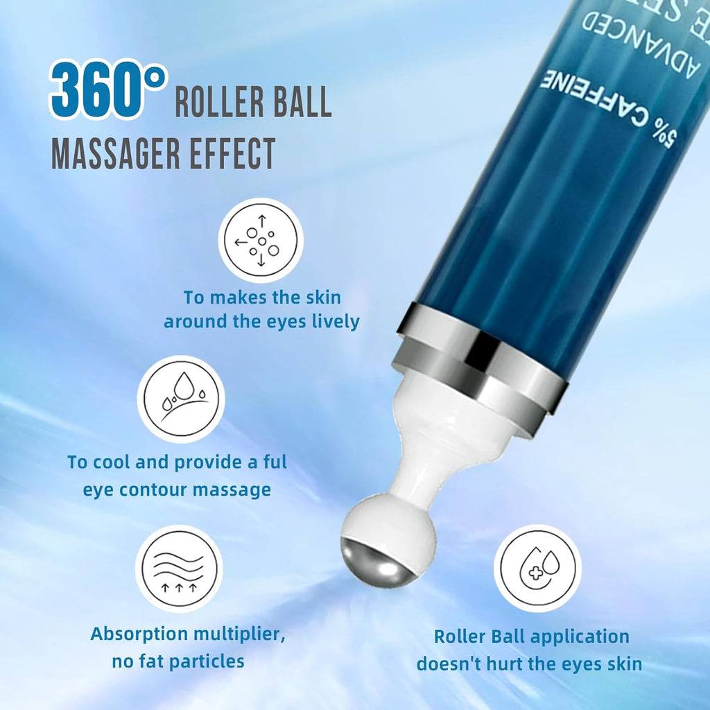 Caffeine under Eye Cream for Dark Circles, Wrinkles & Puffy Eye Bags, Caffeine Eye Serum, 360° Massage Roller(20Ml)