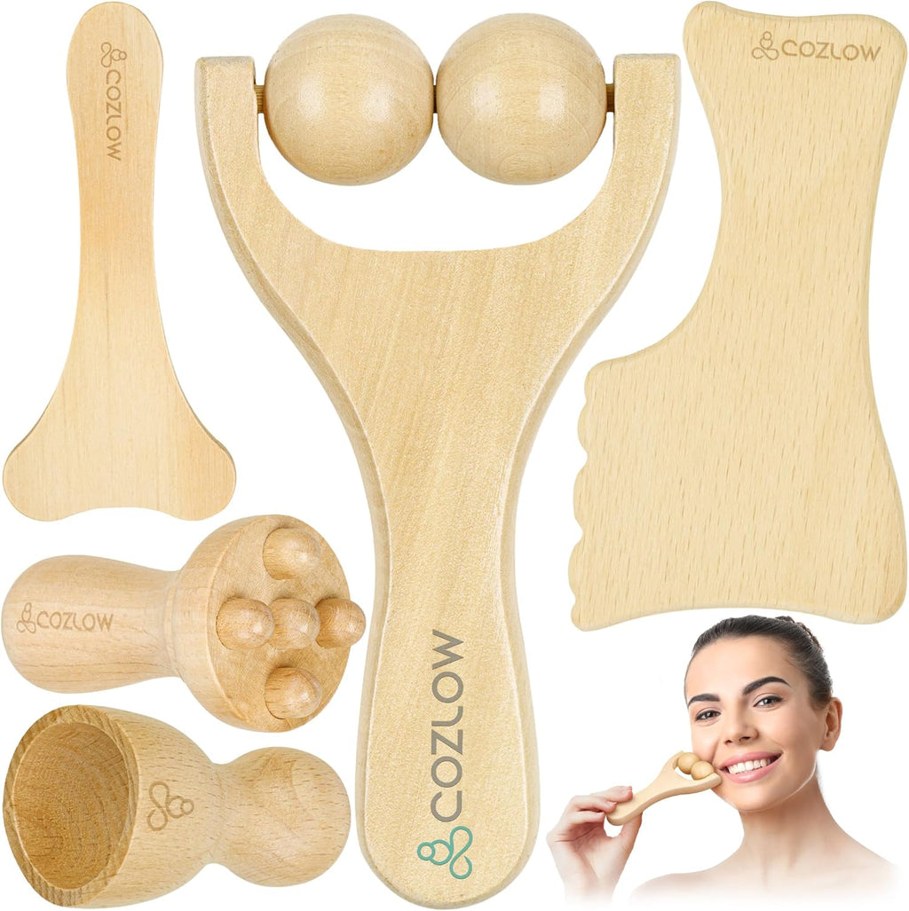 Gua Sha Facial Massage Tools (5 Piece Set), Wooden Face Massage Therapy Kit for Face Lifting, Lymphatic Drainage, Skin Care & Anti-Aging