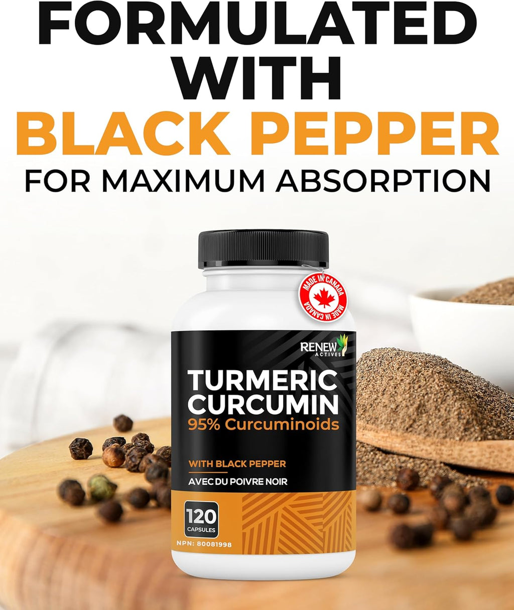 Turmeric Curcumin – Ultra Potent 95% Curcuminoids with Bioperine Black Pepper for Maximum Absorption – Supports Joint Health, Mobility, Digestion & Liver – Made in Canada – 120 Capsules