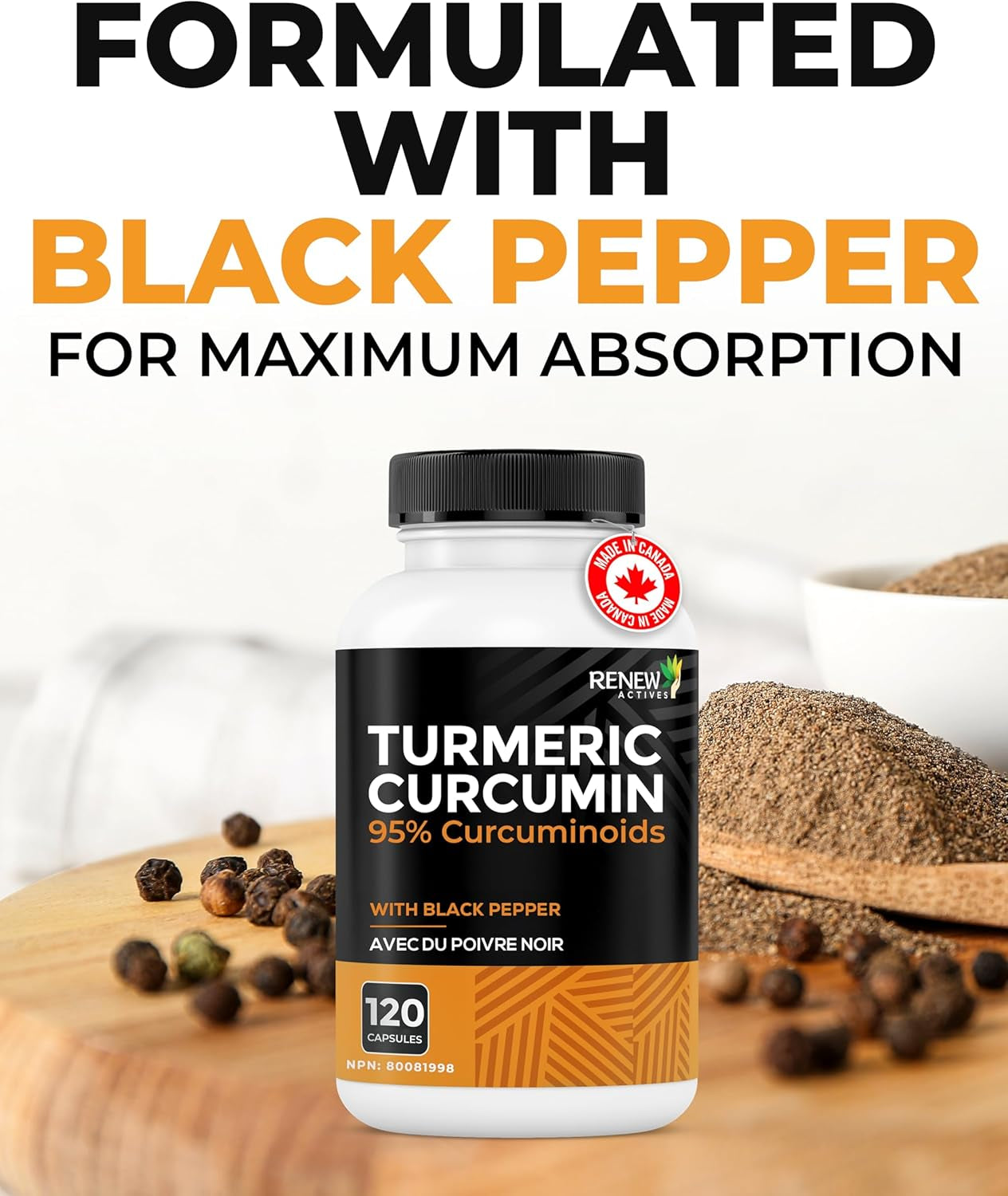 Turmeric Curcumin – Ultra Potent 95% Curcuminoids with Bioperine Black Pepper for Maximum Absorption – Supports Joint Health, Mobility, Digestion & Liver – Made in Canada – 120 Capsules