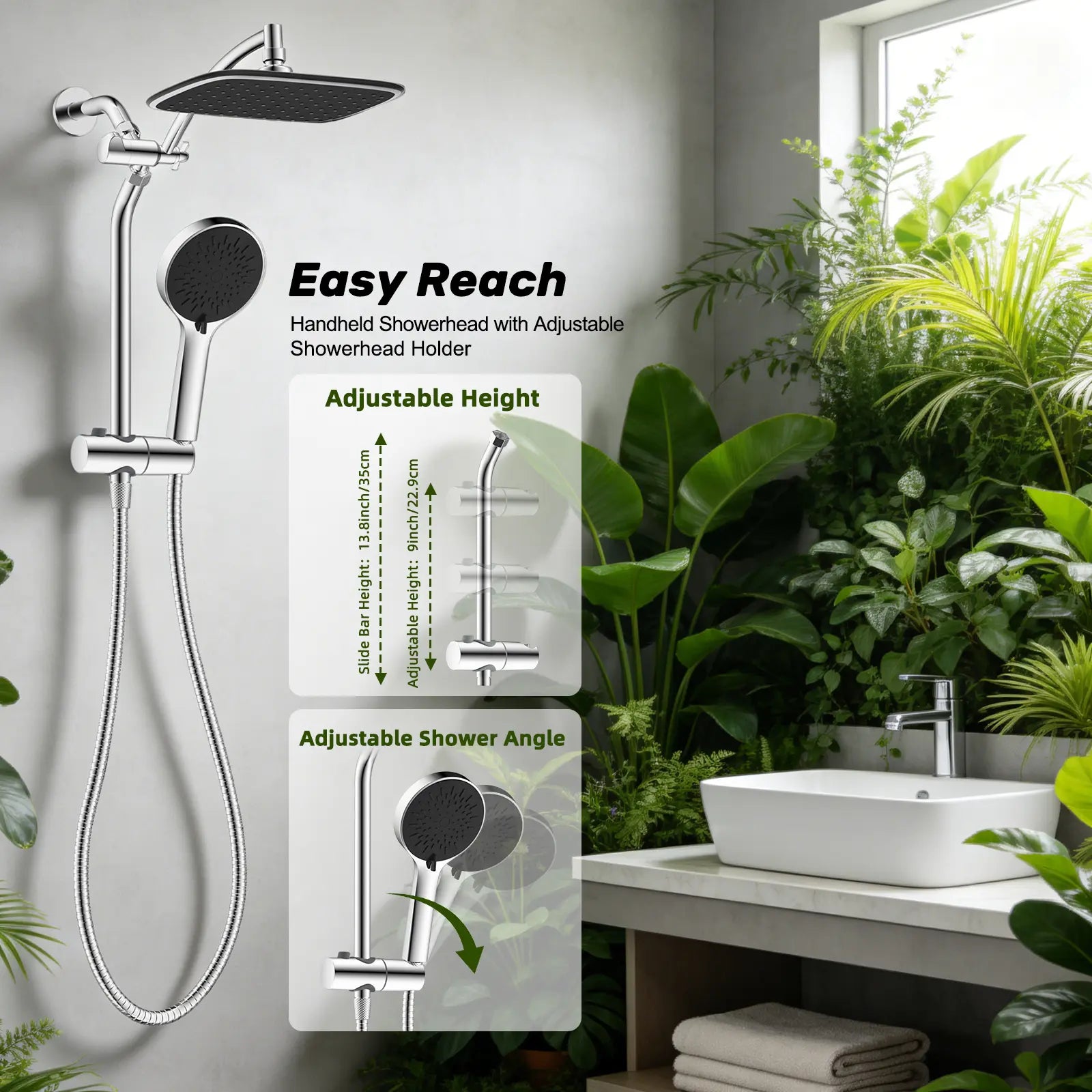 Hibbent Upgraded 10'' Shower Head Combo, High Pressure Rainfall Showerhead with 5 Spray Modes Handheld, All Metal 3-Way Diverter Shower Arm, 59'' Hose and Holder, Height Adjustable Dual Shower Head, Chrome