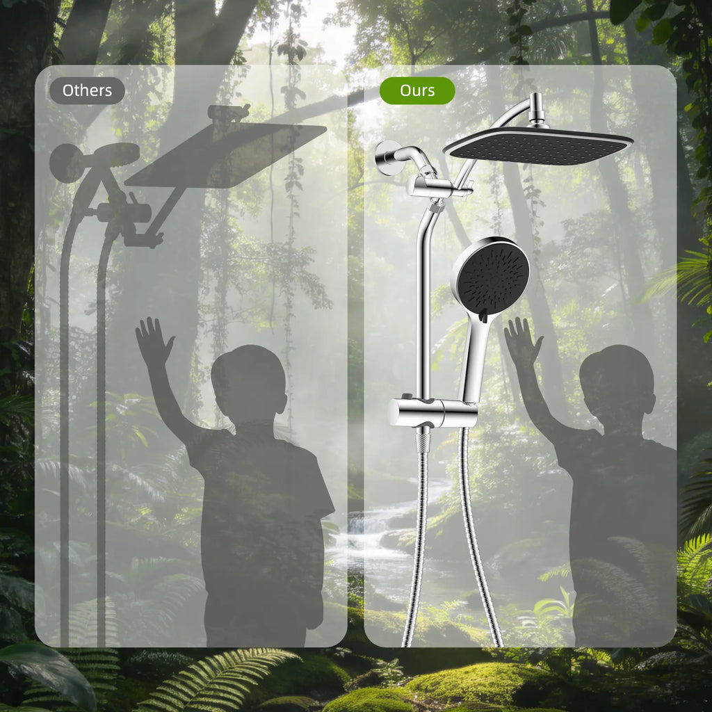 Hibbent Upgraded 10'' Shower Head Combo, High Pressure Rainfall Showerhead with 5 Spray Modes Handheld, All Metal 3-Way Diverter Shower Arm, 59'' Hose and Holder, Height Adjustable Dual Shower Head, Chrome