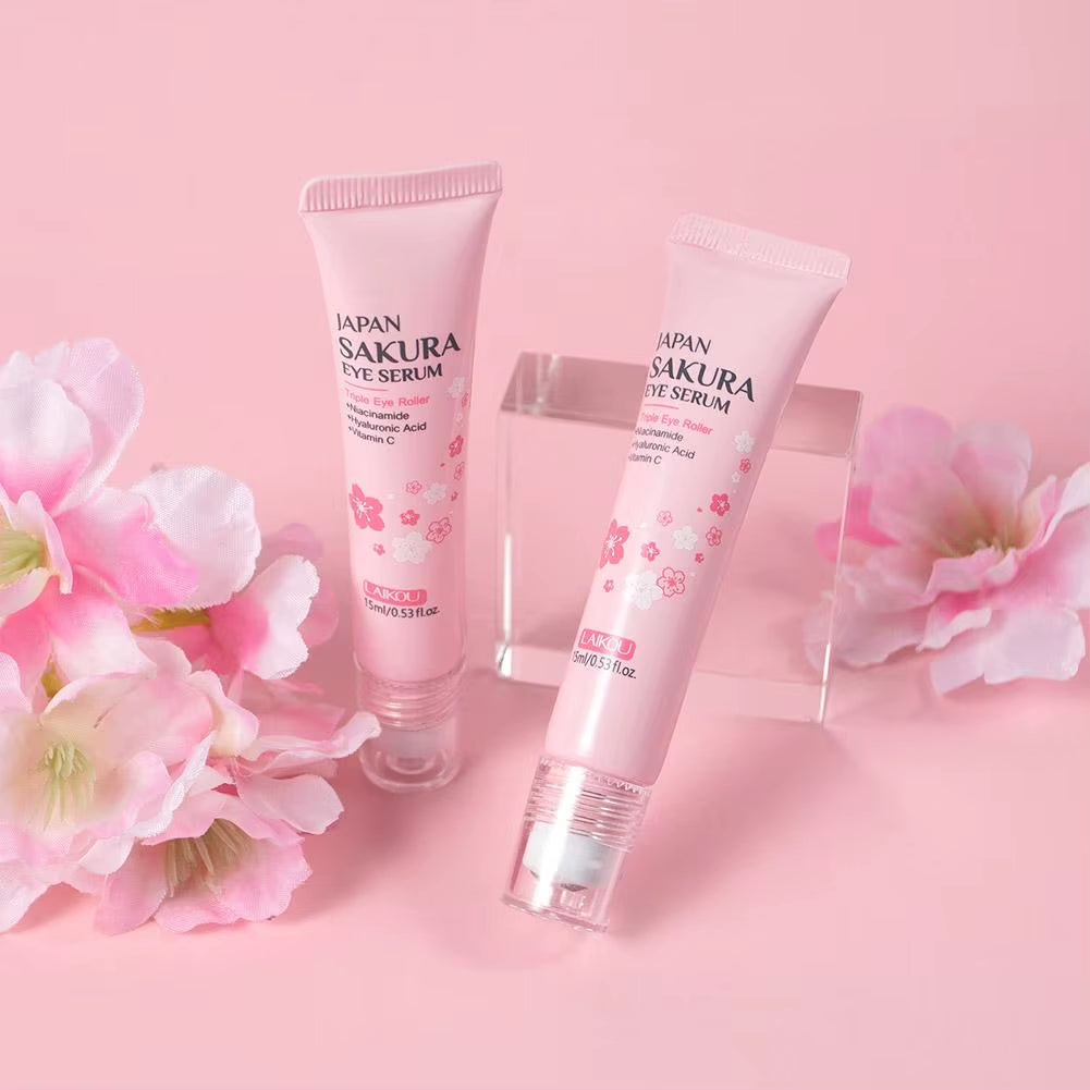 15Ml Sakura Serum Eye Massage Cream Slide Ball Essence Firming Remover Dark Circles Wrinkle Anti-Puffiness Bags under Eye Serum
