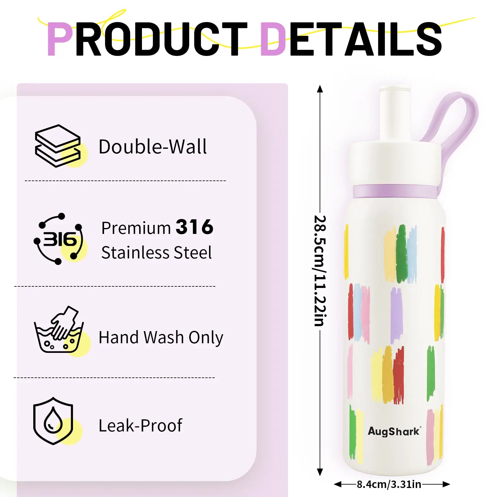 Augshark 24 Oz Insulated Water Bottle, 316 Stainless Steel Liner Tumbler with Handle & Flip Straw, Leak-Proof Vacuum Bottle for Gym, Travel, Sports, School Cup Gift Thermal Bottle