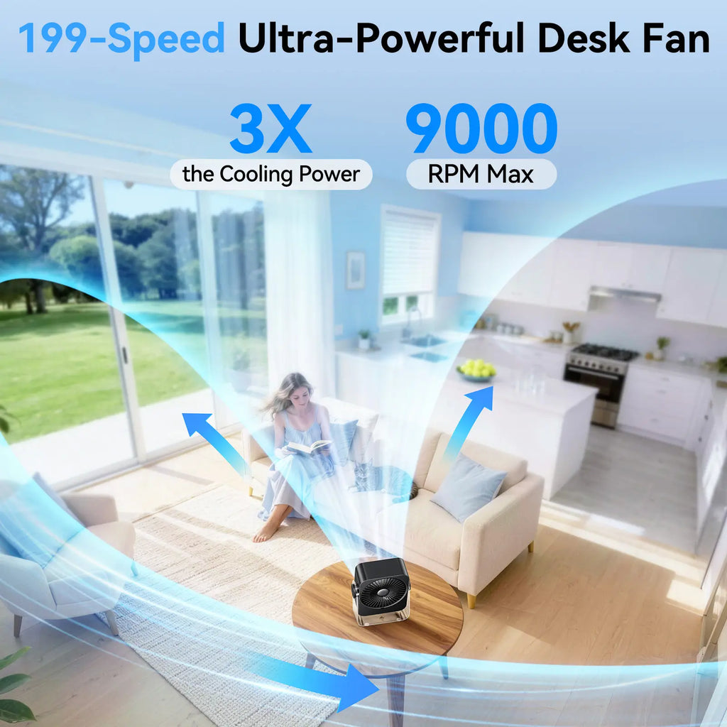 KIMMOO Desk Cooling Fan for Bedroom, 199 Speeds Turbo Airflow,, Digital Display Quiet Table Fan, 270° Rotating Small Rechargeable Battery Desktop Fans for Home Office