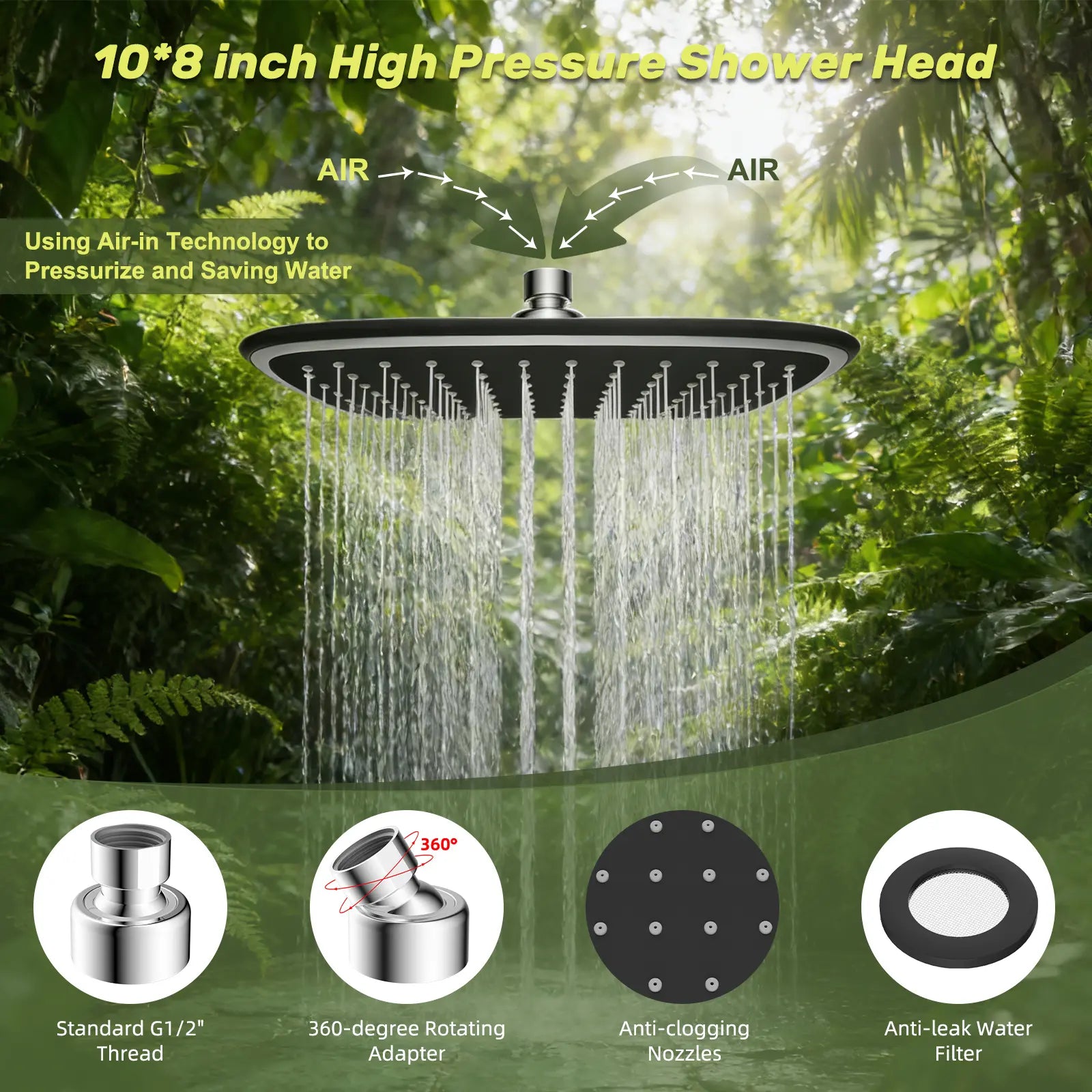 Hibbent Upgraded 10'' Shower Head Combo, High Pressure Rainfall Showerhead with 5 Spray Modes Handheld, All Metal 3-Way Diverter Shower Arm, 59'' Hose and Holder, Height Adjustable Dual Shower Head, Chrome