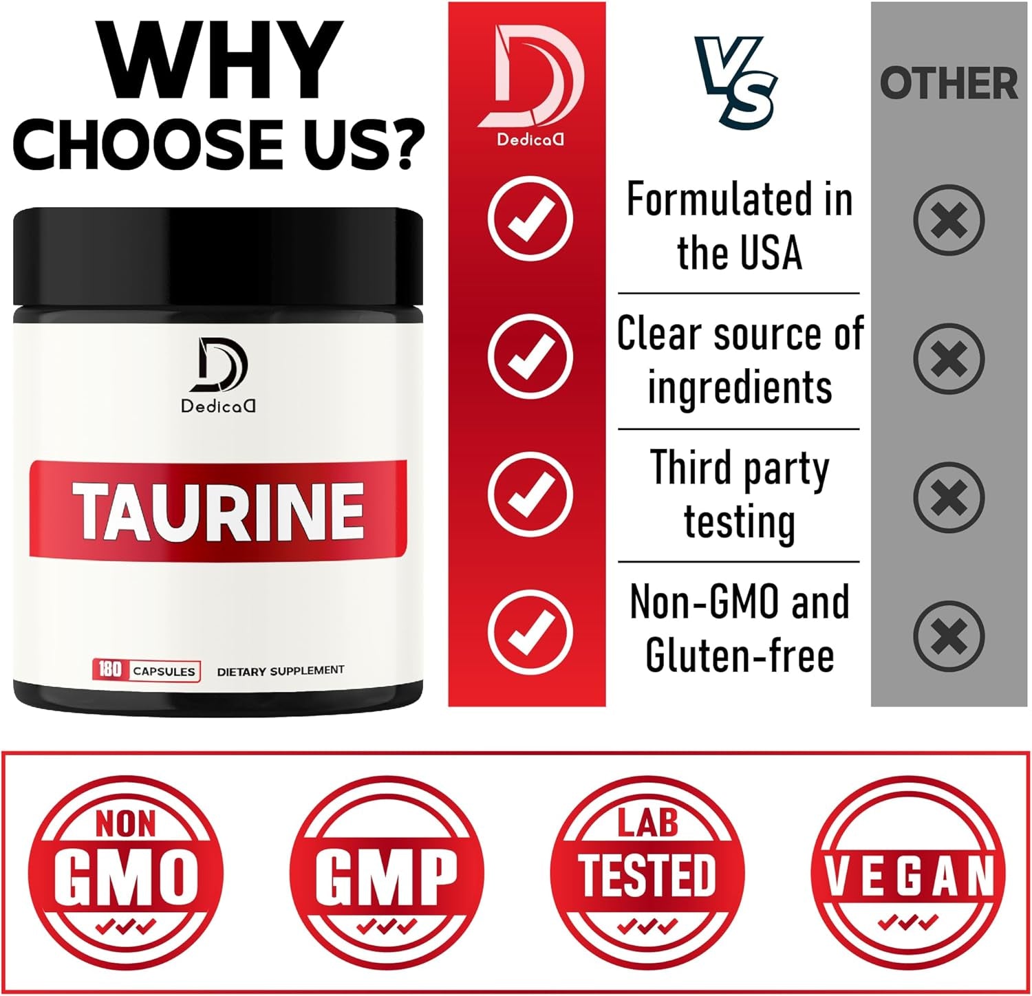 1500Mg Premium Taurine Supplement - 180 Capsules - 2-Month Supply