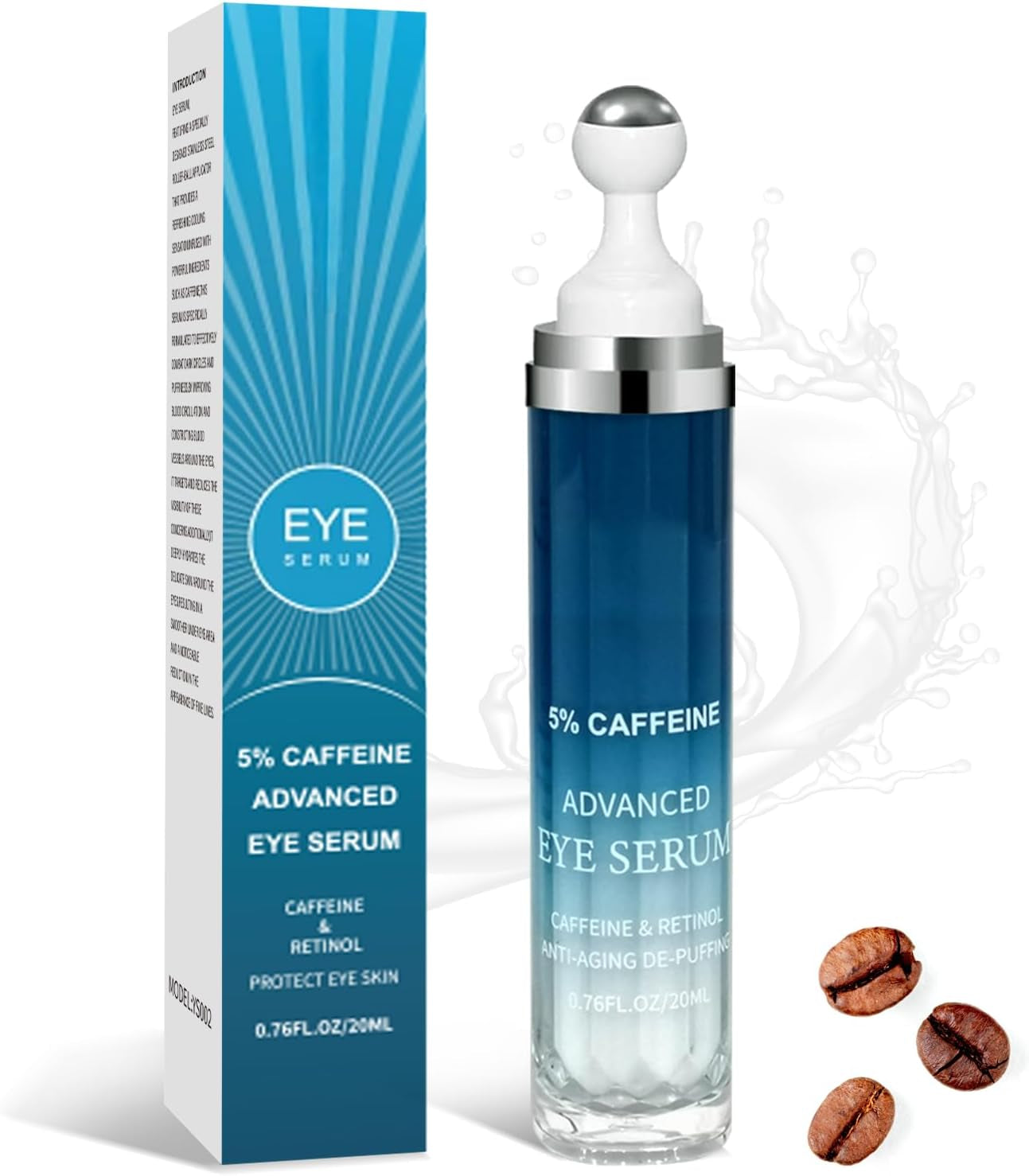 Caffeine under Eye Cream for Dark Circles, Wrinkles & Puffy Eye Bags, Caffeine Eye Serum, 360° Massage Roller(20Ml)